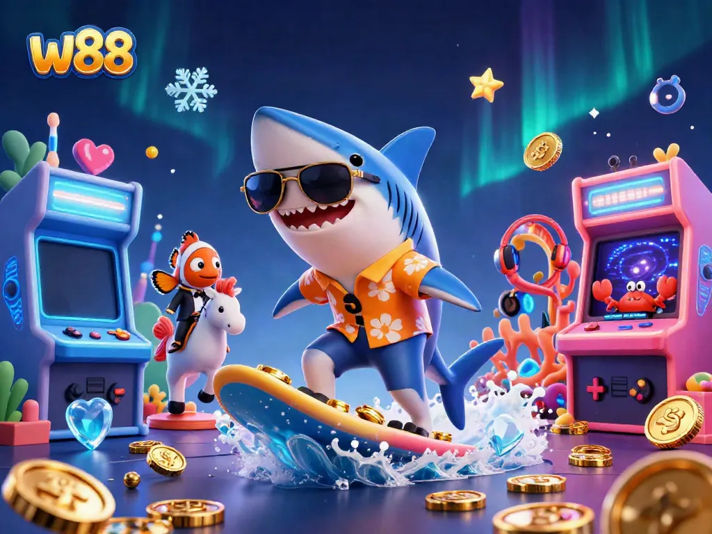 Experience fun and excitement at w88 with a captivating scene featuring a surfing shark, clownfish in tuxedo, and coral DJ