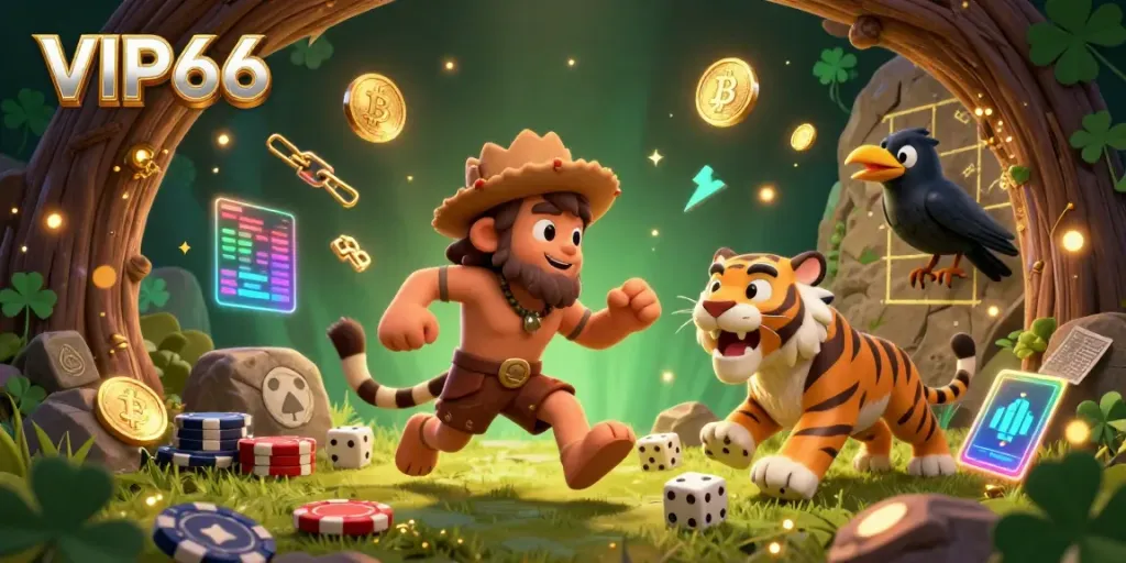 Experience thrilling action at VIP66 with a vibrant 3D caveman casino scene full of energy and excitement.
