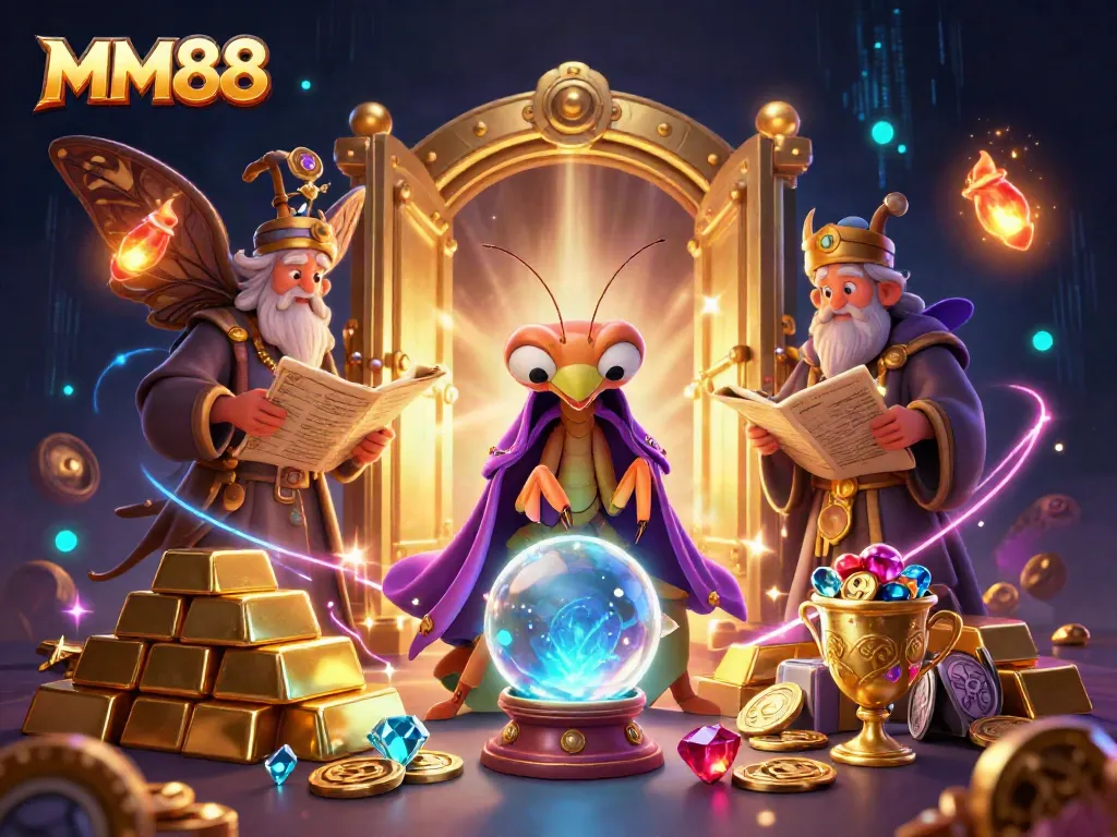Engage with MM88 through a fantasy scene showcasing a 3D praying mantis fortune teller and treasures of online gambling.