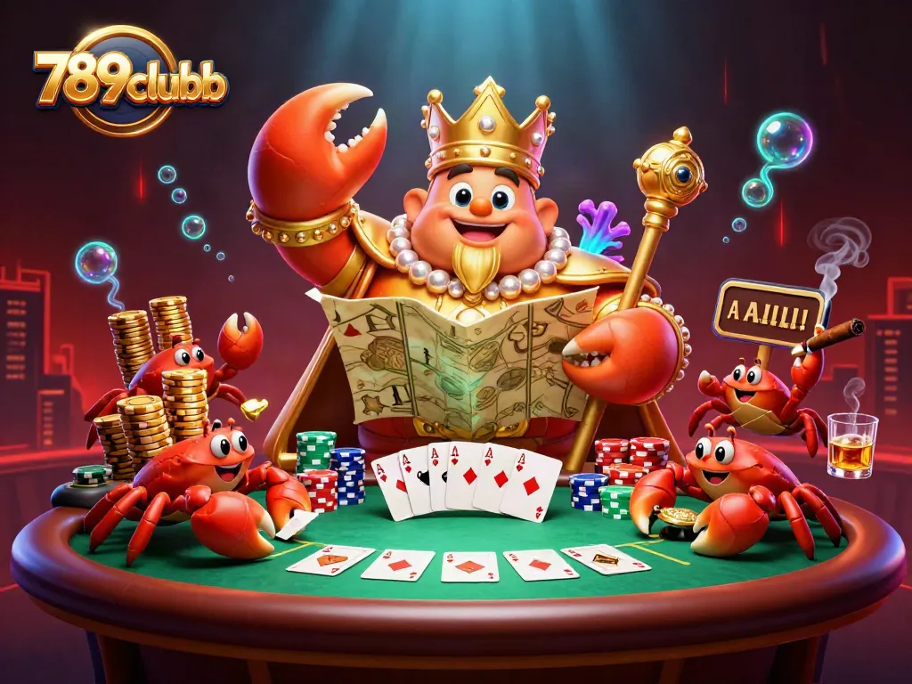 Engage with 789clubb's vibrant casino experience featuring a golden crab emperor amidst poker elements.