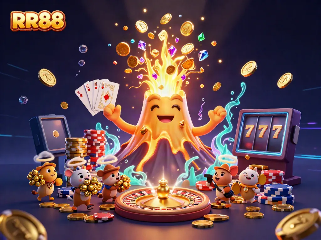 Experience the thrill of RR88 with an explosive treasure eruption and vibrant casino elements.