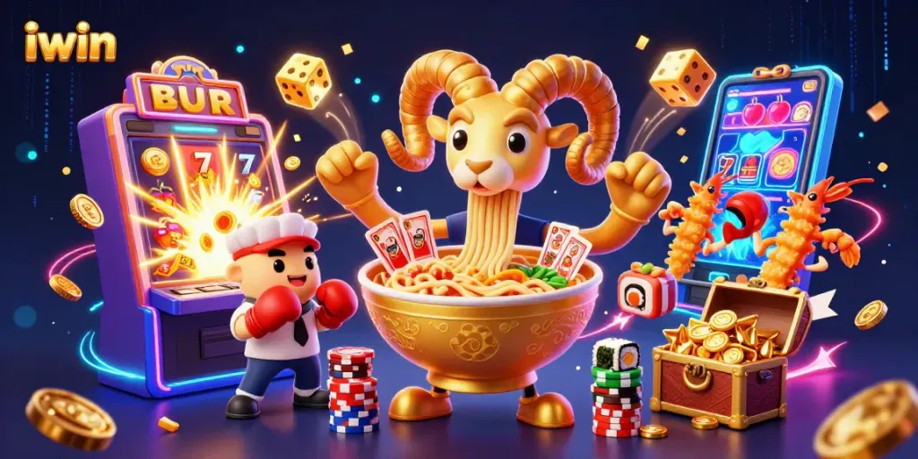 Experience iwin thrills with a golden ramen bowl dealer surrounded by exciting casino game elements.