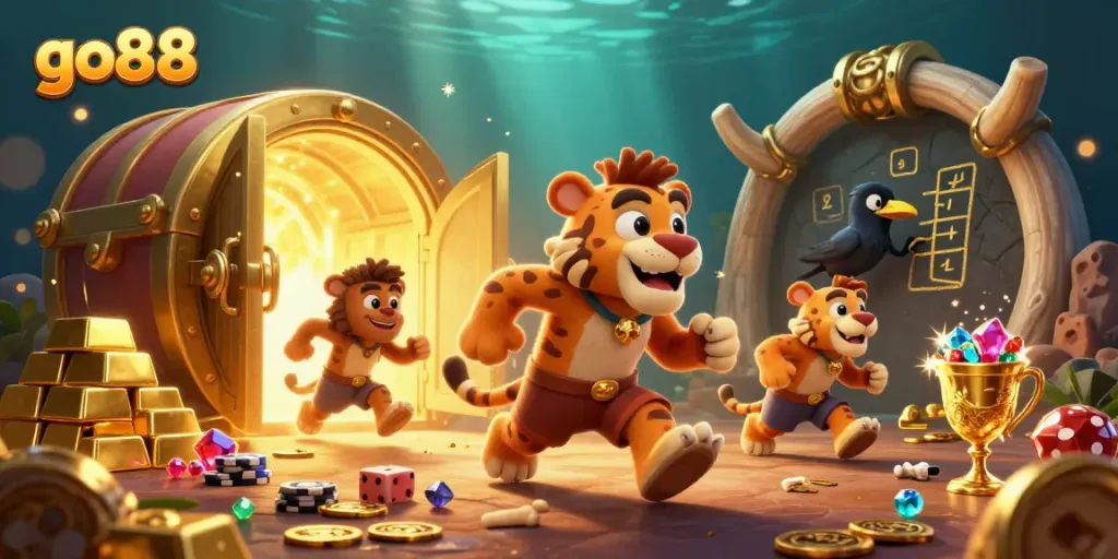 Experience go88's exciting casino atmosphere with cavemen and treasures in this vibrant scene.