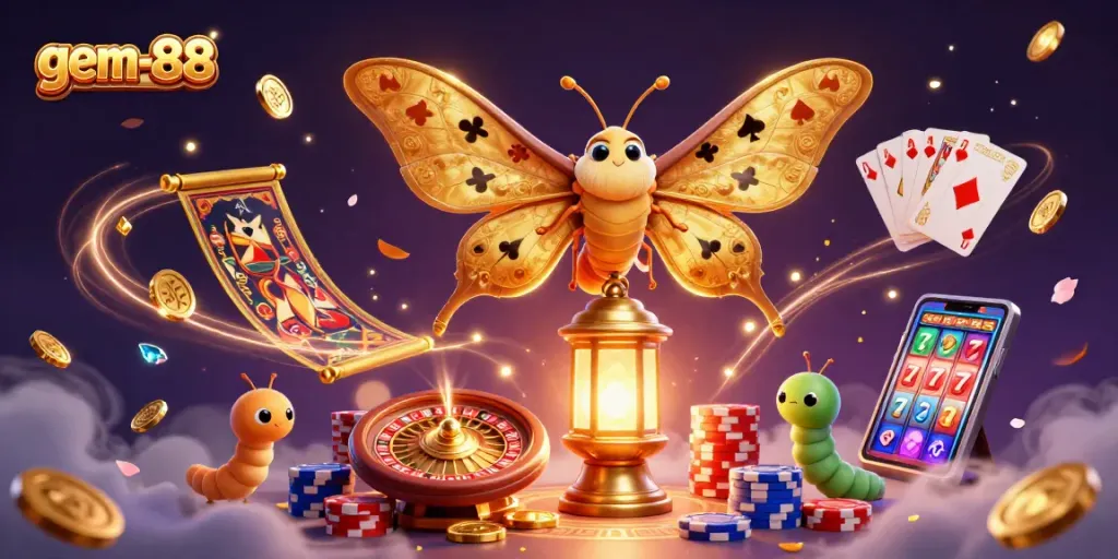 Experience the thrill of gambling with gem-88 in a vibrant, rich 3D casino illustration.