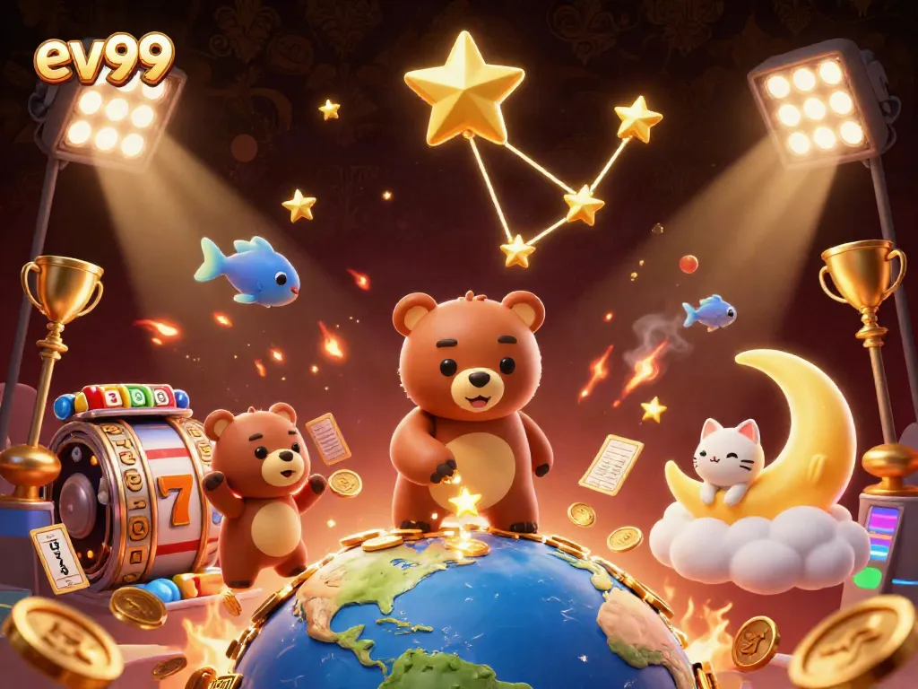 Experience thrilling jackpots with ev99's vibrant 3D casino illustration featuring slots and golden treasures.