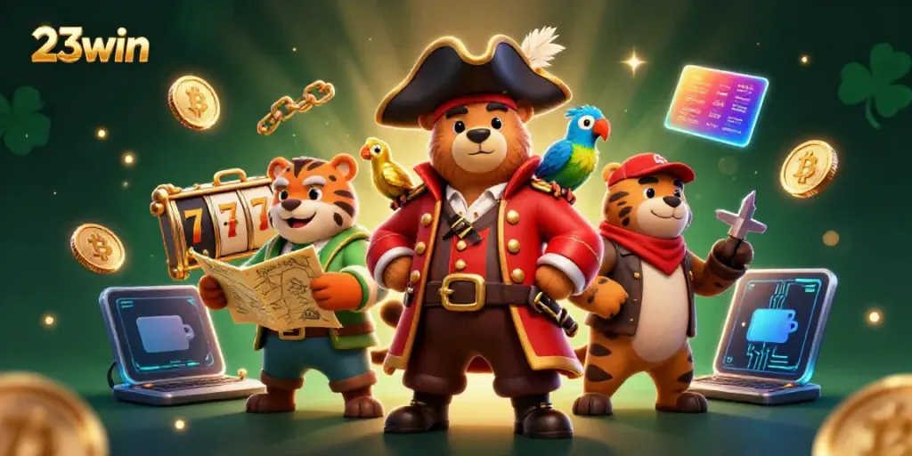 Engage in thrilling 23win gaming with pirate-themed characters, slot reels, and crypto elements.