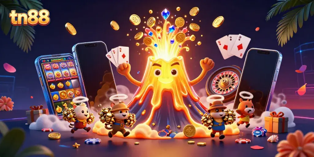 Experience thrilling wins with tn88's vibrant 3D scene of erupting jackpots and treasure.