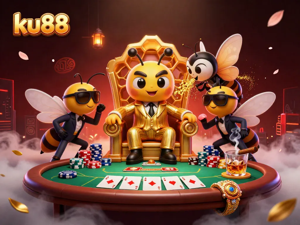 Engage with ku88's dynamic poker scene featuring a bumblebee mob boss and vibrant chip stacks.