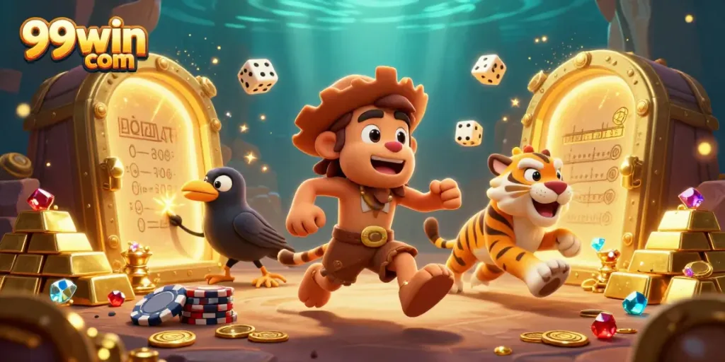 Engage with thrilling adventures at 99win com within a dynamic casino scene featuring cavemen.