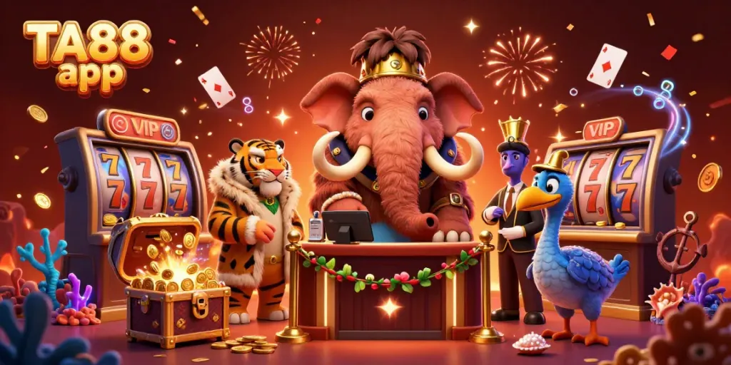 Experience the excitement at TA88 app with a vibrant casino scene featuring colorful characters and game-themed elements.
