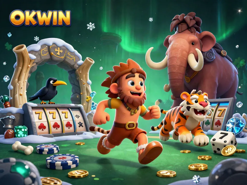 Experience the thrill of OKWIN with a dynamic casino scene featuring colorful slot reels and exciting characters.