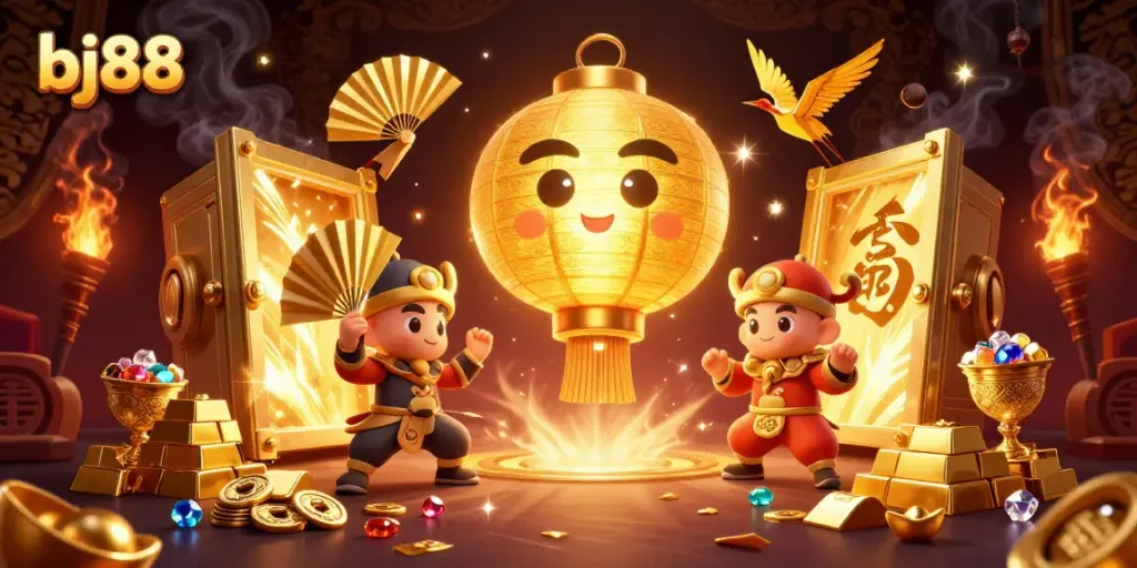 Engage with the vibrant bj88 casino scene depicting a glowing spirit, golden treasures, and lucky symbols.