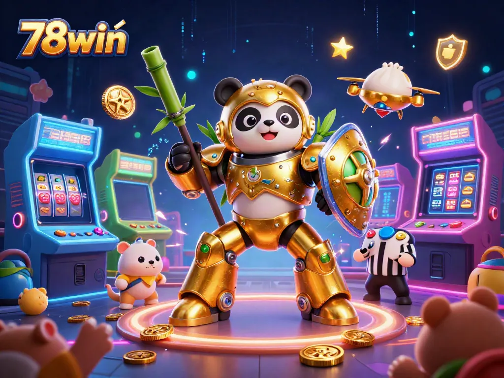 Experience thrilling gaming at 78win with a mech-suit panda battling in a dynamic casino arena.
