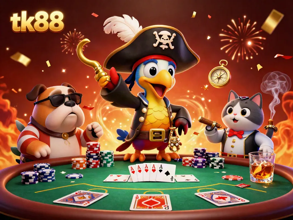 Experience the thrill of tk88 poker with a colorful scene showcasing a pirate captain parrot and friends at a vibrant poker table.