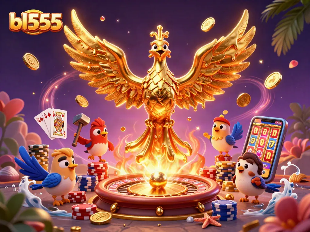 Experience thrilling slots and games at bl555, featuring a molten phoenix and dazzling casino elements.
