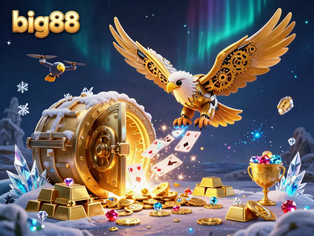 Experience big88 with a cybernetic eagle soaring through vibrant holographic cards, surrounded by treasures.