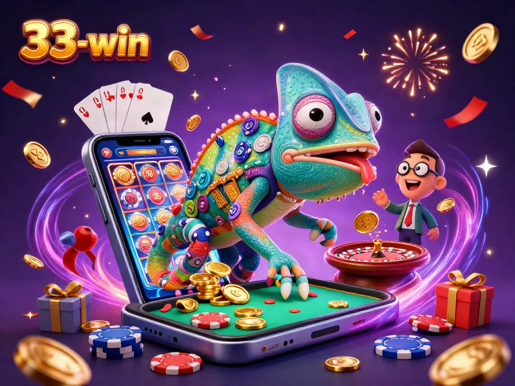 33-win showcases a vibrant casino scene with an animated chameleon and exciting gaming elements