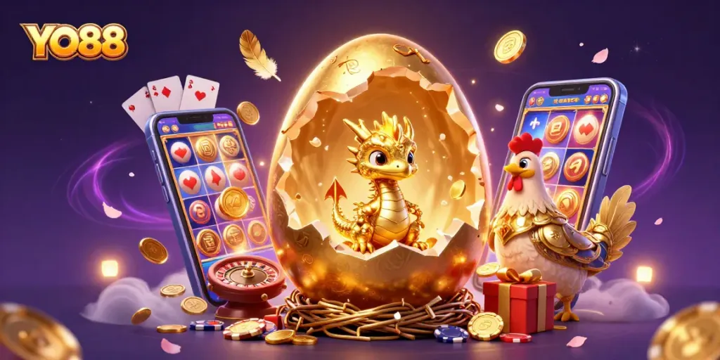 Engage with YO88's thrilling games featuring a golden dragon and vibrant slot elements.