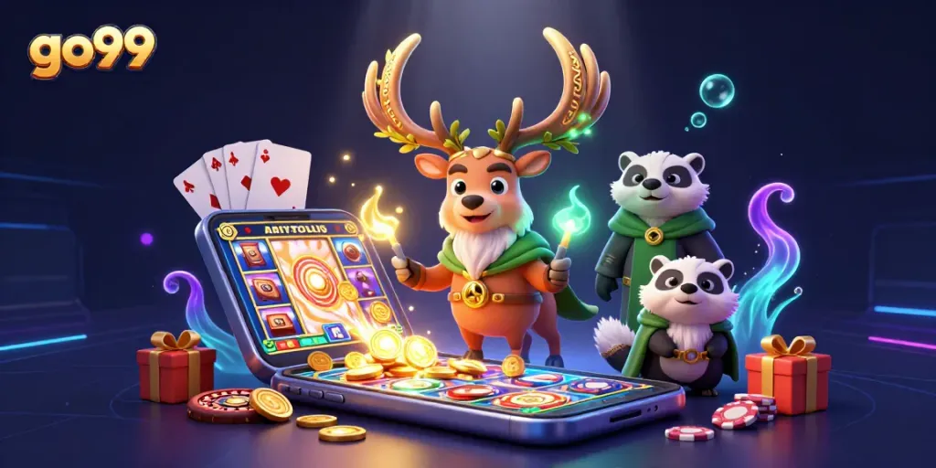 Engage with exciting games at go99, featuring vibrant slot game visuals and colorful casino elements.