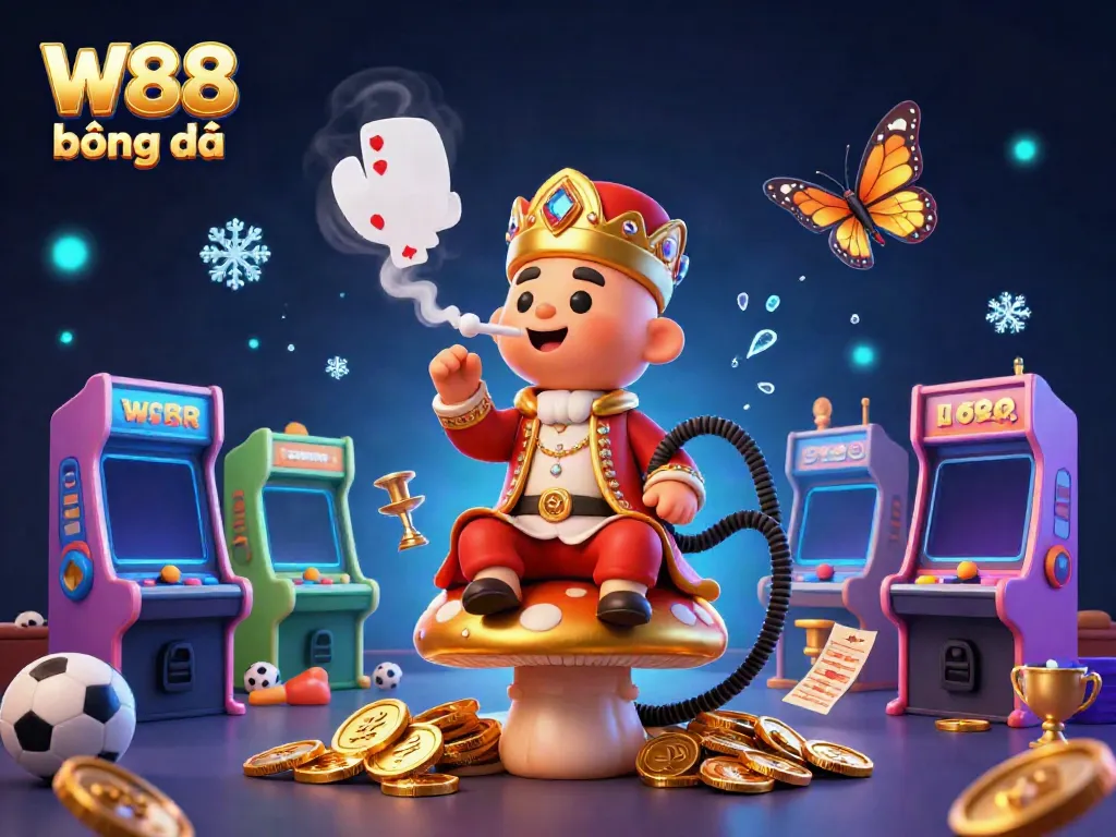 Experience the thrill of W88 bóng đá with dynamic betting symbols and vibrant casino elements in a captivating 3D scene.