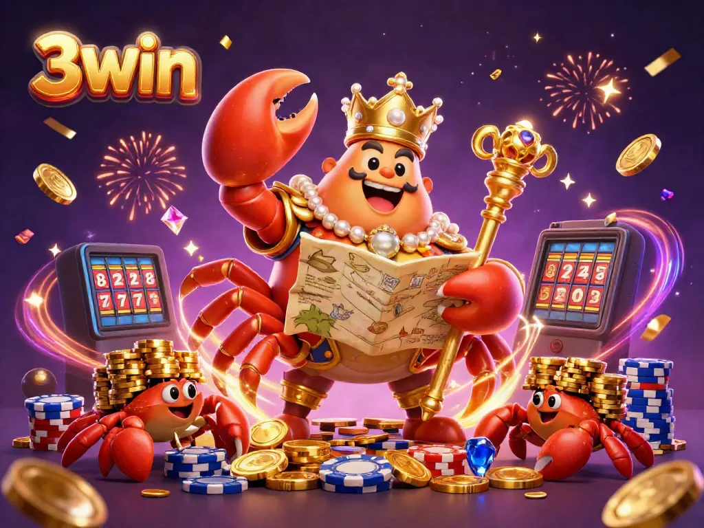 Experience the excitement of 3win's dynamic casino world featuring a golden crab emperor amidst vibrant gambling elements.