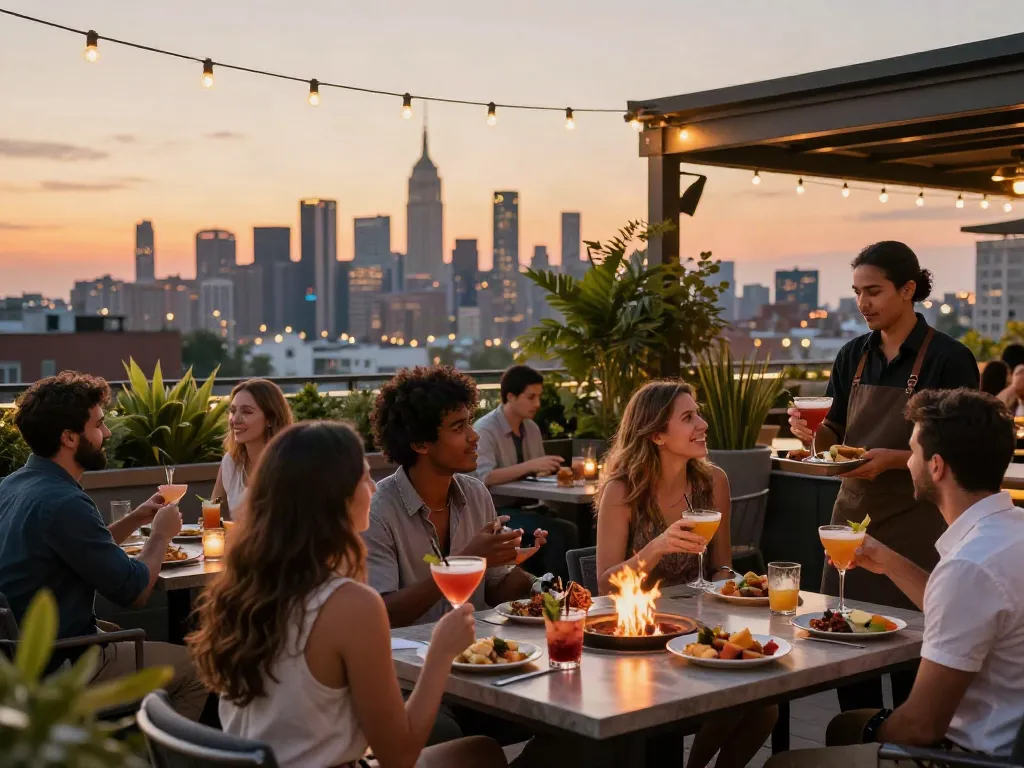 Friends enjoying cocktails at NoHu rooftop bar with skyline views