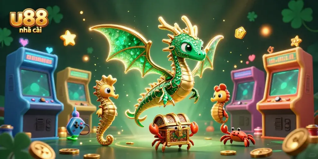 Experience the excitement of u88 nhà cái with an emerald sea dragon, arcade games, and treasure in a vibrant online casino.