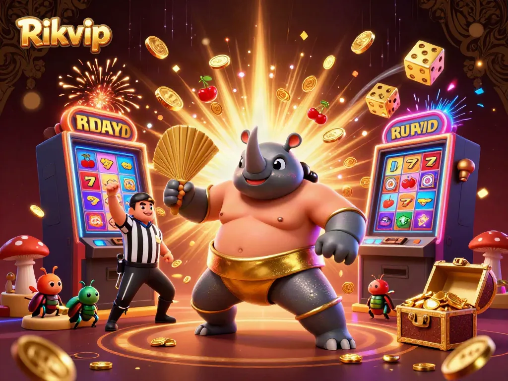 Experience the lively Rikvip casino scene with a cartoon rhinoceros beetle stomping gold coins amidst vibrant gaming elements.