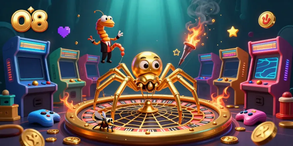 O8 platform featuring a golden spider and animated characters creating a lively casino scene.