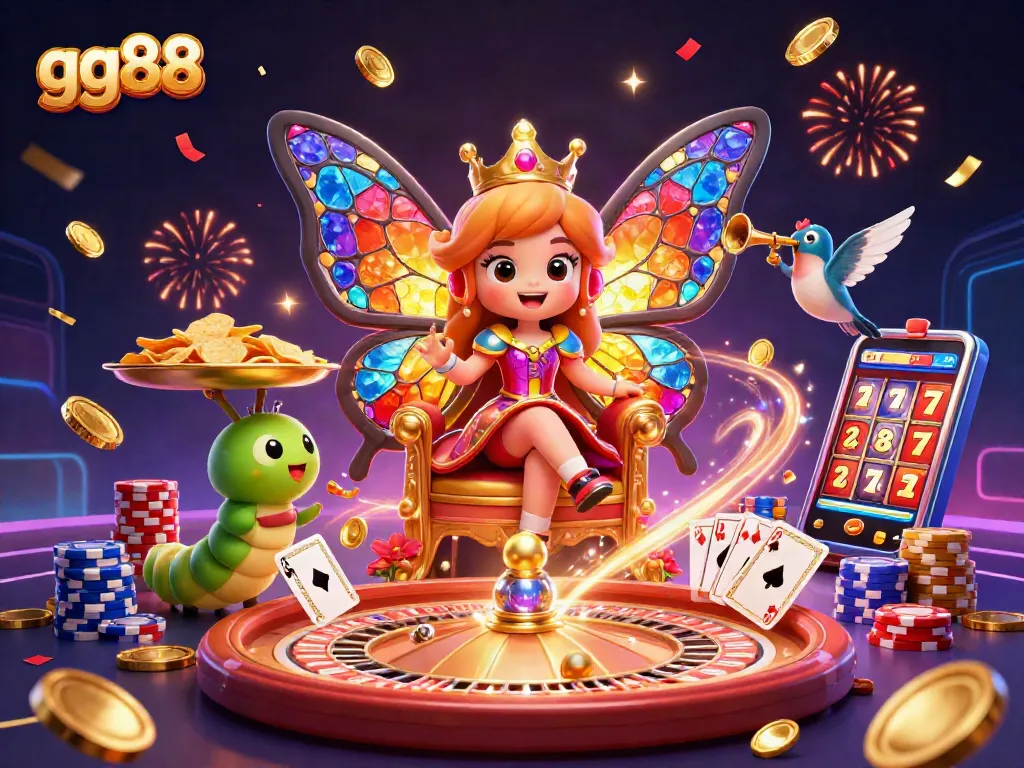 Join the excitement at gg88 with vibrant butterflies and magical casino elements celebrating wins!