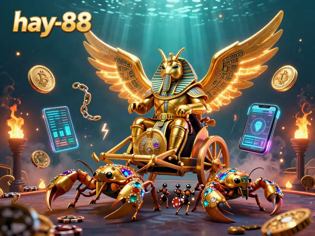 Engage in thrilling gaming at hay-88 with a vibrant scene of golden scarabs and crypto elements.