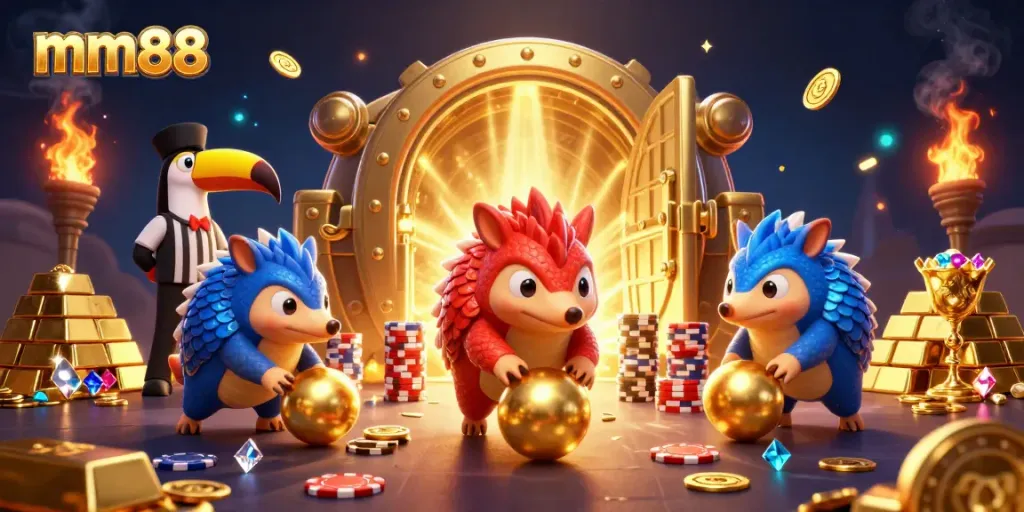 Cave in mm88's gaming world, showcasing pangolins bowling through poker chips and golden treasure.