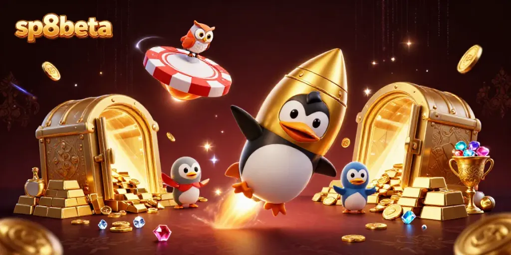 Experience thrilling gameplay at sp8beta with a legendary penguin soaring past a majestic casino!