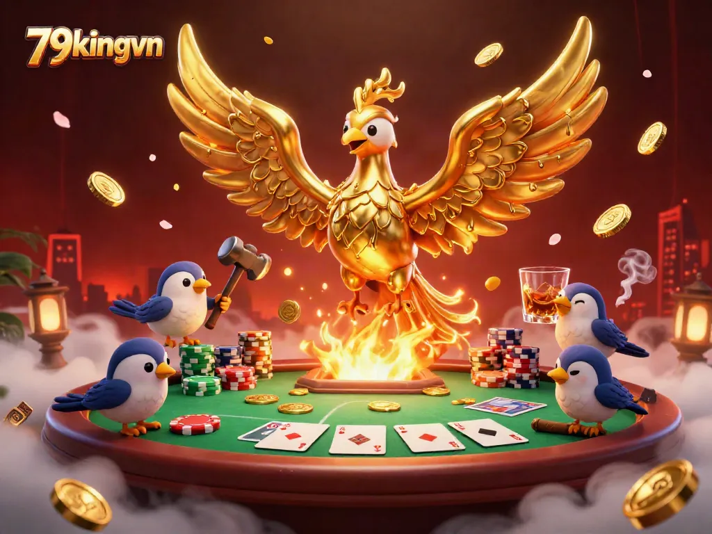 Experience the excitement of 79kingvn with a dynamic poker environment and a golden phoenix adorned with coins.