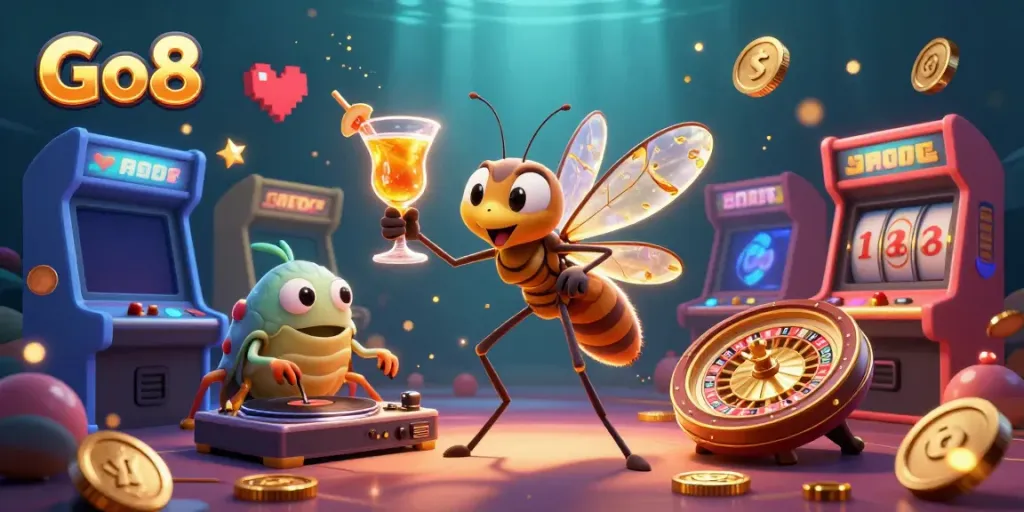 Engage in the vibrant Go8 casino scene with a frozen mosquito mascot and trilobite DJ amidst multiple game elements.