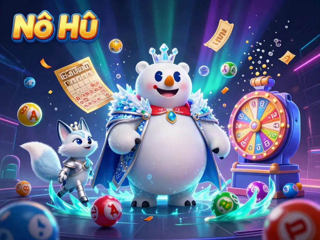 Nổ Hũ animated scene features an ice king polar bear and snow fox with lively lottery elements.