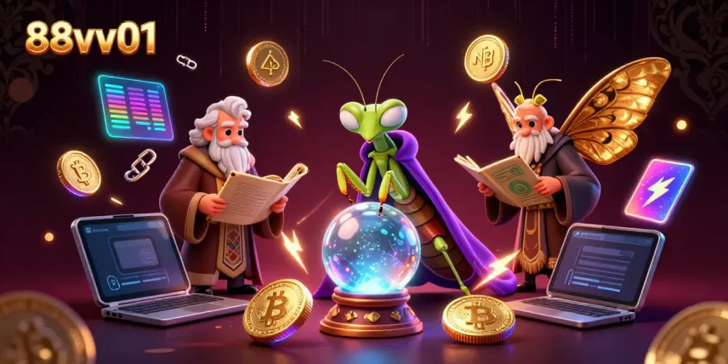 Experience thrills at 88vv01 with a mystical casino scene featuring enigmatic characters and crypto coins.