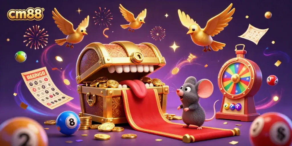 Engage with cm88's vibrant lottery scene filled with golden treasures, dynamic elements, and festive energy.