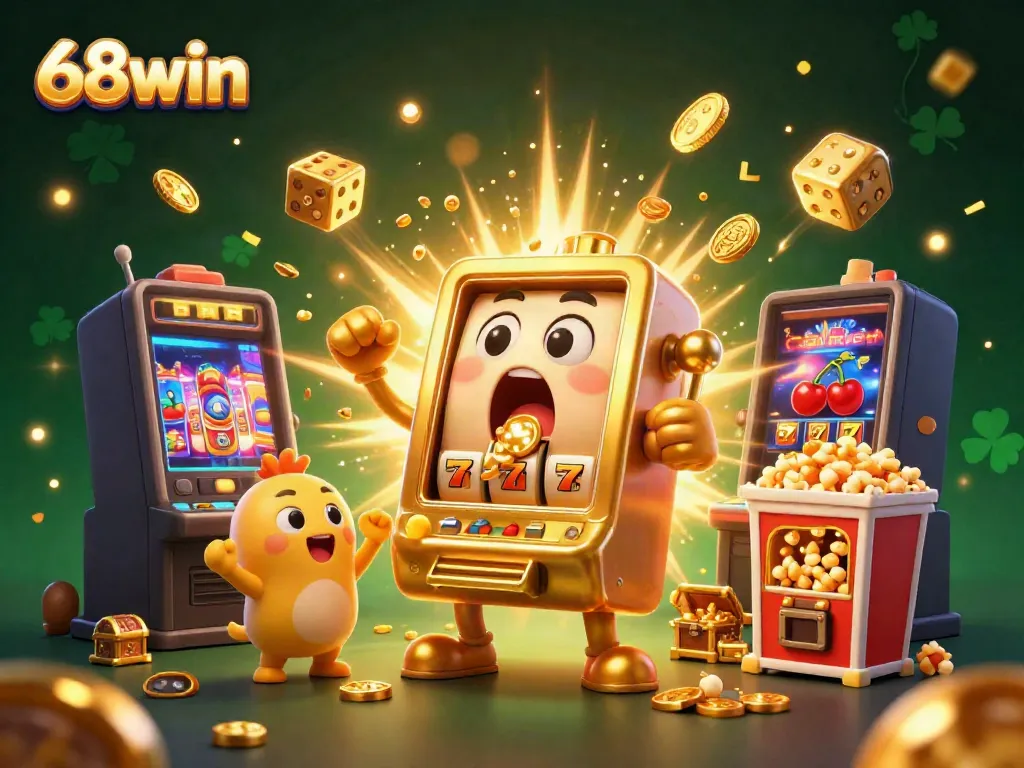 Celebrate jackpots with 68win in this dynamic 3D scene of slot machines and gold coins