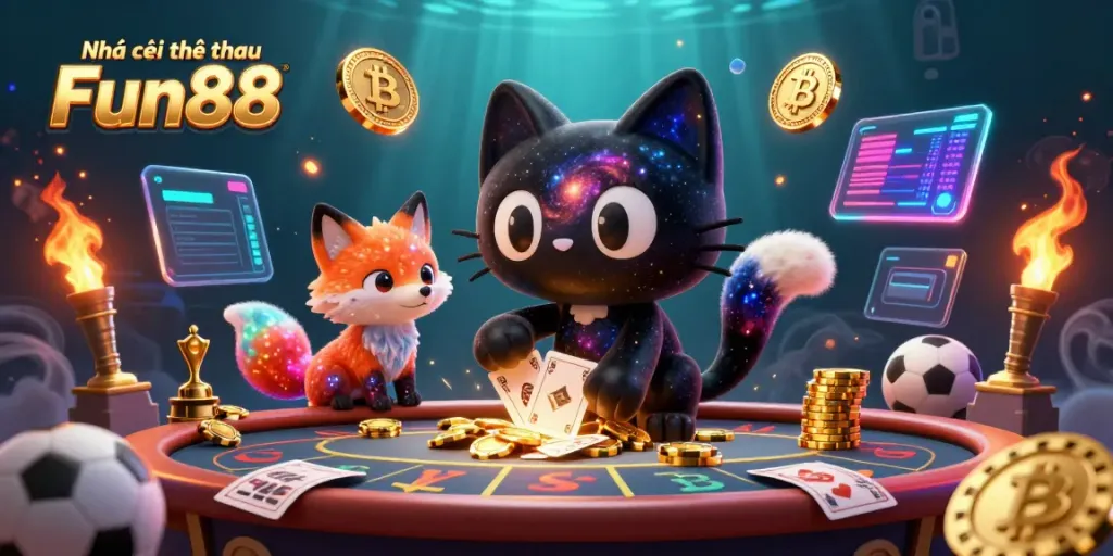 Engage with Nhà cái thể thao Fun88 in a packed cosmic casino scene featuring a black hole cat and colorful fox.