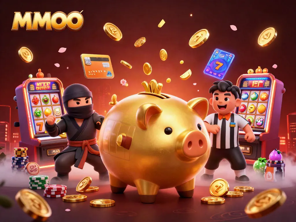 Experience thrilling casino fun with MMOO's energetic scene featuring a piggy bank sumo wrestler and vibrant slot symbols.