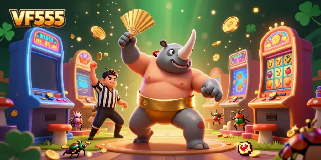 Experience vibrant VF555 casino fun with a beetle champion and golden coins flying.