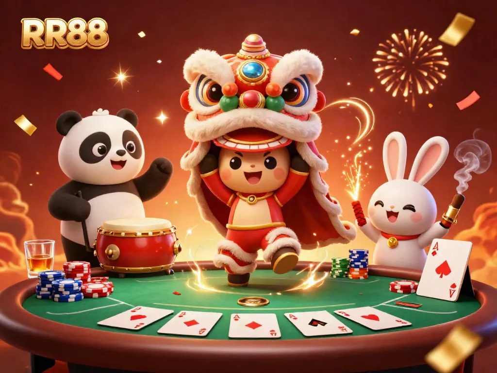 Experience the excitement of RR88 with a vibrant casino scene featuring unique characters and game elements.