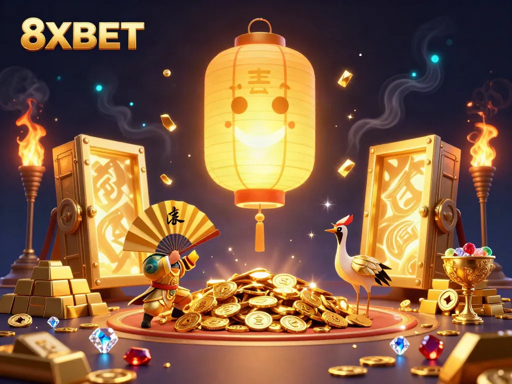 Experience epic gaming excitement with the dynamic 8XBET lantern spirit floating above casino treasures.